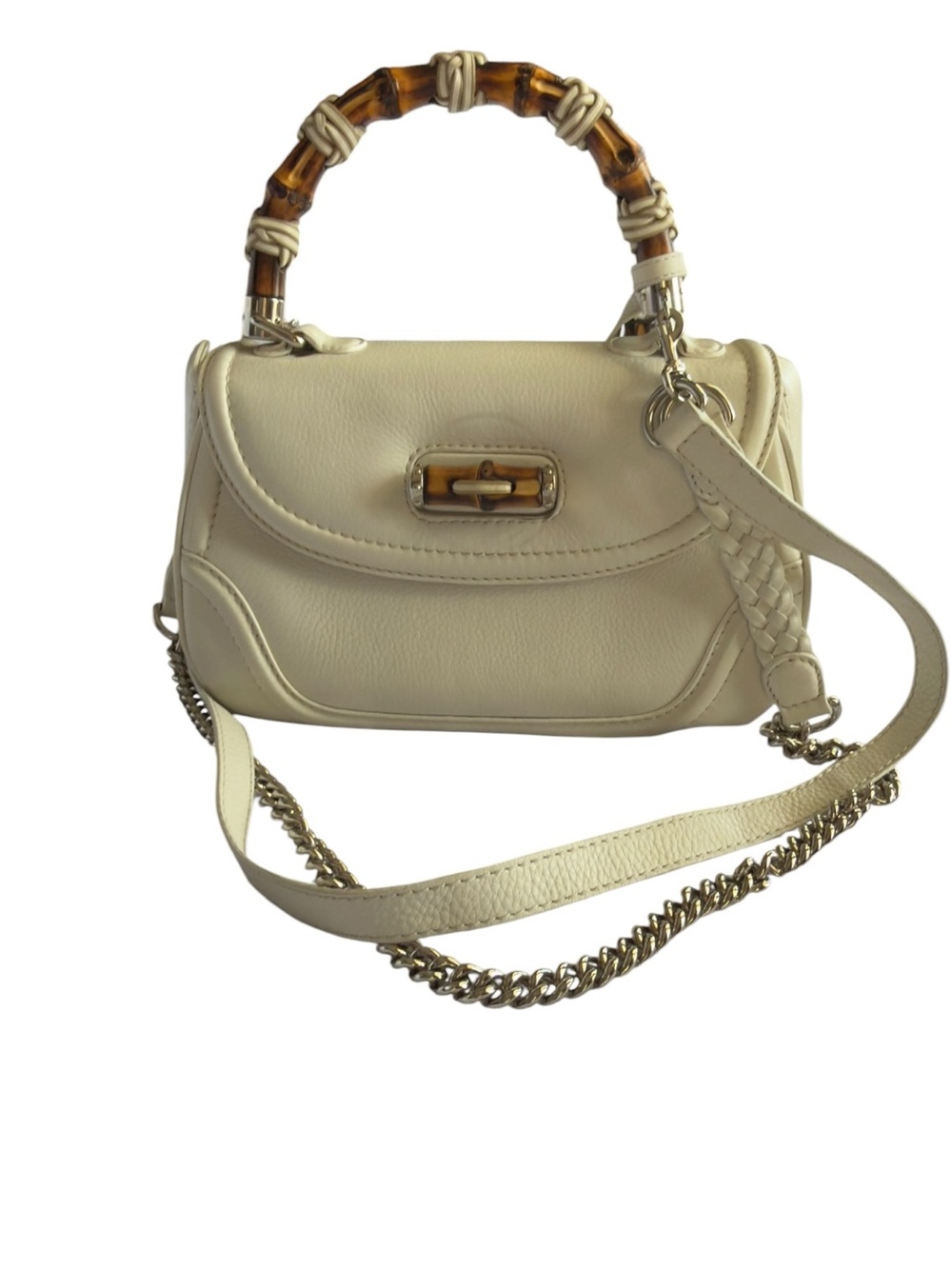 Gucci Bamboo Top Handle Small Shoulder Crossbody Bag Off White Leather